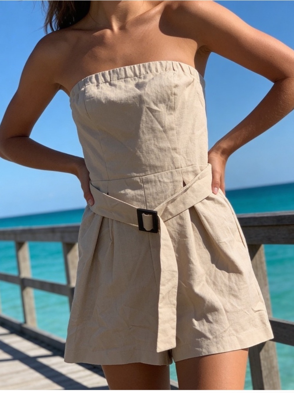 Monteau Strapless Beige Cream Belted Romper